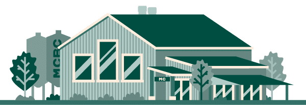 A green-colored illustration of the Meier's Creek Brewing Company's farm brewery building
