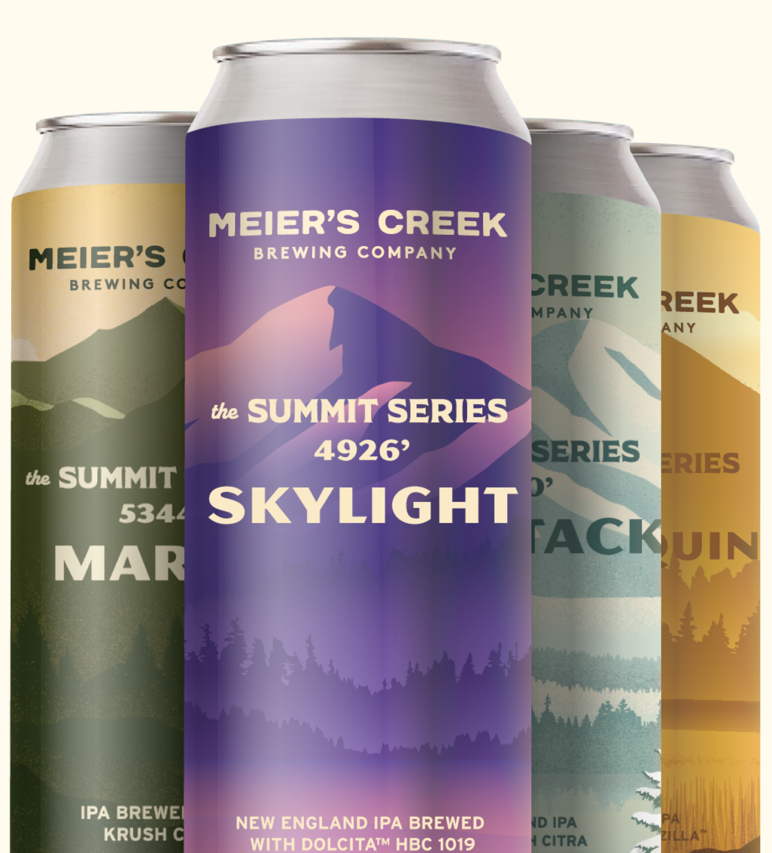 A stack of beer cans showing the latest release of the Summit Series called Skylight, with a purple and pink colored label