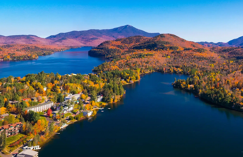 A scenic sky view of Lake Placid, New York